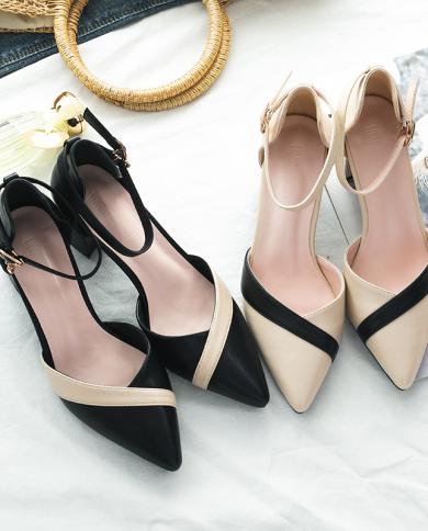 Comemore 2022 Women Shoe Evening Beige Medium Heel Shoes For Party Ladies Mulles Black Pu Leather Night Club Pumps Free 