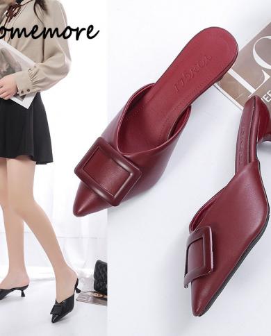 Comemore Female High Heels Slippers Women Mules Pointed Toe Thin Heel Casual Party Elegant Woman Shoes With Medium Heels