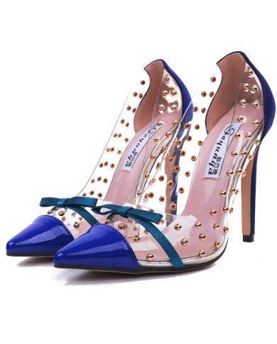 Comemore  New  Women Shoes Pointed Toe Stilettos Transparent Rivet High Heel Lady Shoes Female Elegant Bow Pumps Autumnw