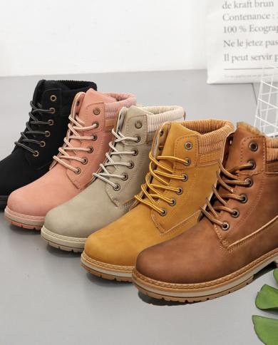 Comemore 2022 Autumn Winter Leather Warm Chunky Snow Boots Platform Women Plush Lace Up Boot Casual Large Size Work Shoe