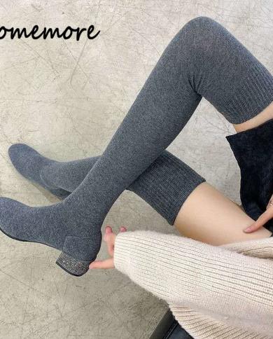 Comemore  Knee High Sock Boots Womens Spring Autumn Long Over Knee Boot Ladies Elastic Square Low Heels Woman Stretch S