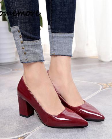Comemore Women Red Pumps Black 75cm High Heels Lady Patent Leather Shallow Thick Heel Autumn Pointed Shoes Slip On Fema