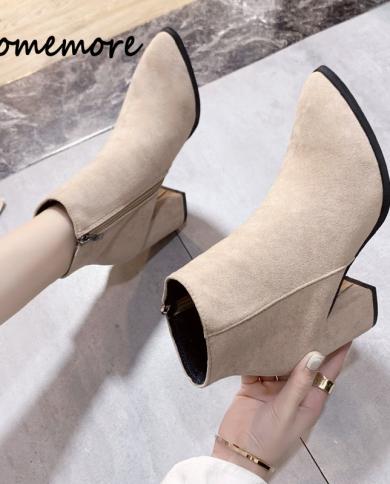 Comemore 2023 Fashion Short Ankle Boots Womens Pointed Toe Thick Heel Autumn Winter Side Zipper Comfortable Boot Female