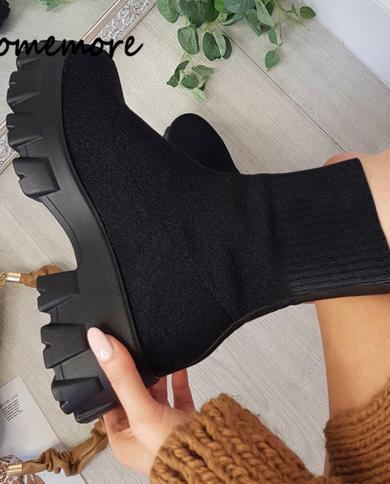 Comemore Shoes Woman Knitted Elastic Sock Boots Womens Thick Soled Short Breathable Boot Plus Size 43 Platform Booties 