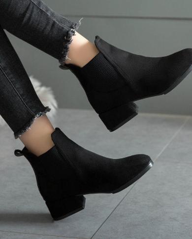 Comemore Women Autumn Winter Flocked Short Chelsea Boots Fashion Non Slip Square Heel Solid Black Boot Elegant Heeled Sh