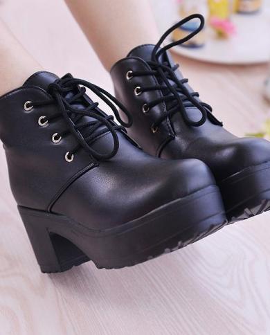 Comemore Ankle Rubber Boots For Women Platform Shoes Lace Up Pu Leater Shoes White Black Chunky Heels Shoe Woman Gothic 