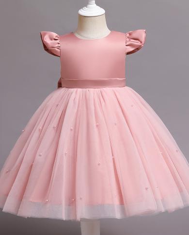 Vestido de niños para fiesta formal Vestidos de dama de honor de flores para niña Vestido de cumpleaños rosa con puntos para niñ