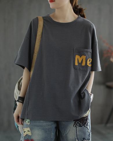  New Arrival Summer Women Loose Casual Short Sleeve Oneck T Shirt Allmatched Letter Cotton Patchwork Tshirt W450  Tshirt