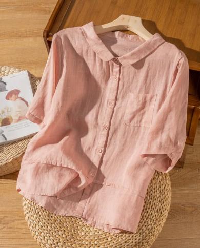 Summer New Arts Style Women Half Sleeve Loose Turn Down Collar Shirts All Matched Casual Cotton Linen Blouse Female Tops