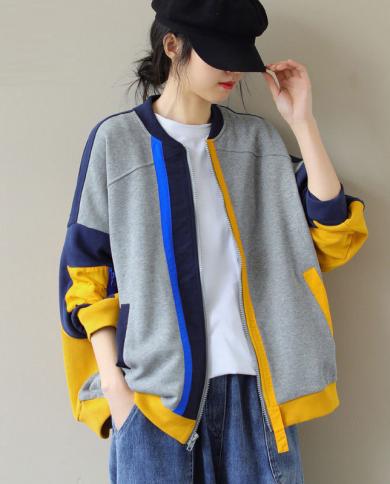  Spring Autumn New Fashion Women Long Sleeve Loose Baseball Jackets Allmatched Casual Patchwork Cotton Coats Female V676
