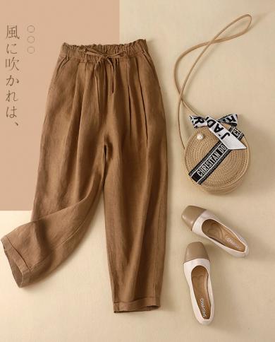 2022 Summer New Arts Style Women Elastic Waist Solid Loose Ankle Length Pants All Matched Casual Cotton Linen Harem Pant