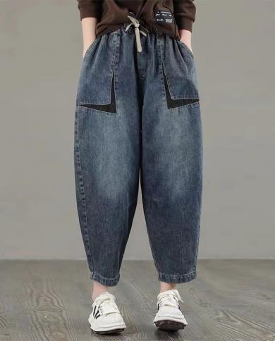 2022 Spring Autumn New Arts Style Women Elastic Waist Cotton Denim Harem Pants All Matched Casual Ankle Length Loose Jea