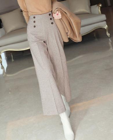  Autumn Winter New Fashion Women High Waist Ol Woolen Pinstripe Wide Leg Pants All Matched Casual Ankle Length Pants V73