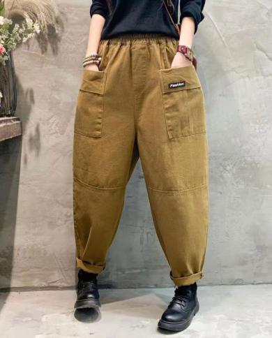  Spring Autumn New Arts Style Women Elastic Waist Solid Loose Pants Big Double Pocket Cotton Casual Harem Pants V697pant