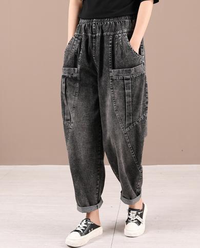 New 2022 Spring Arts Style Women Elastic Waist Vintage Blue Loose Jeans Allmatched Casual Cotton Denim Harem Pants V942 