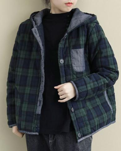 Autumn Winter Arts Style Women Long Sleeve Loose Hooded Coats All Matched Casual Single Breasted Thick Warm Plaid Jacket