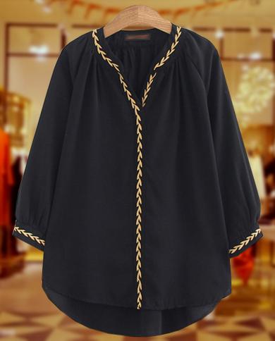 2022 Spring Fashion Women 34 Sleeve Loose Shirts All Matched Casual Embroidery V Neck Chiffon Blouse Tops Size 6xl V810