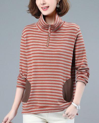 2022 Autumn New  Fashion Women Long Sleeve Turtleneck Zipper Tee Shirt Femme Tops All Matched Casual Striped T Shirt C65