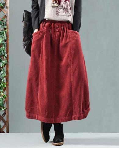 Autumn New Arts Style Women High Waist Vintage Cotton Corduroy Long Skirt Double Pocket Loose Casual Solid Aline Skirts 