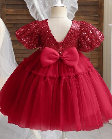 Cute Baby Girl One Year Birthday Dress 12m Infant Puff Sleeve Tulle Tutu Gown Newborn Girl Red Sequin Christmas Carnival