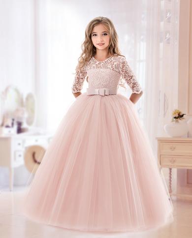 Girl Pink Lace Flower Princess Dress Kids Half Sleeve New Year Costume Bridesmaid Dresses For Wedding Party Graduation C