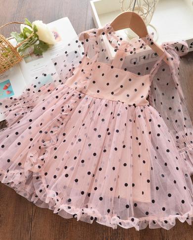 2 To 6 Yrs Cute Girl Pink Princess Dresses Fall Toddler Girl Polka Dots Tulle Casual Clothes Baby Birthday Party Clothes