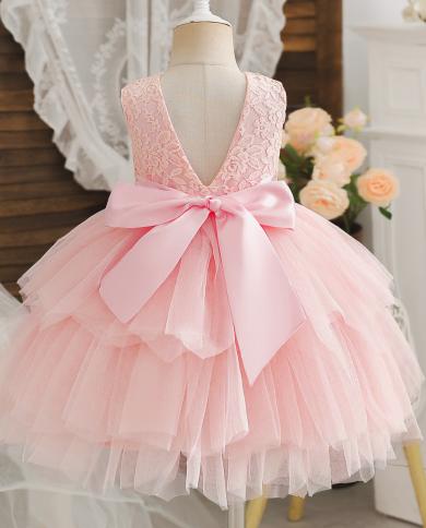 24m Baby Girl Pink Lace Flower Dress For Wedding Infant 1 Birthday Party Baptism Clothes Toddler Girl Bow New Year Tutu 