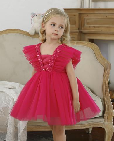 Girls Party Dress Hot Pink Sequin Ruffle Sleeve Tutu Gown Kids Christmas Costume Baby New Year Clothes Toddler Birthday 