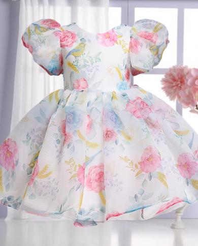 Elegant Girls Flower Puff Sleeve Dresses For Weddings Kids Formal Birthday Party Fairy Princess Cloth Children Tulle Ves