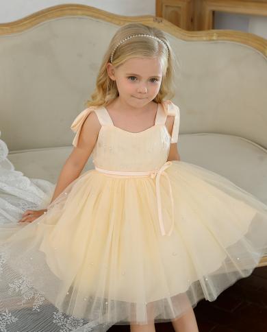 Elegant Kids Dresses For Girl Tutu Fluffy Princess Pearls Wedding Gown Children Birthday Party Dress Toddler Baby Girl C