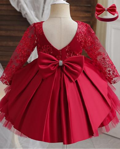 Toddler Baby Girls Red Birthday Princess Dresses Kids Autumnwinter Long Sleeve Backless Clothes Flower Girl Wedding Lac