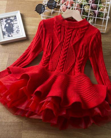 Girls Long Sleeve Knitting Dresses Autumnwinter Warm Birthday Party Ruffle Princess Costume Kids Red Christmas Disfraz 