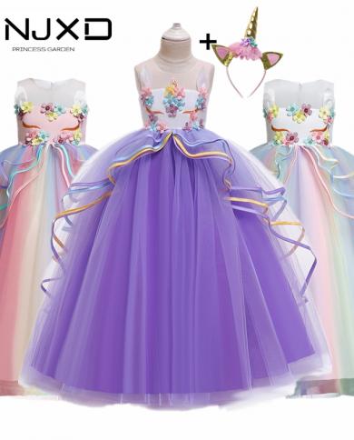 Rainbow Unicorn Cosplay Girl Dress Party Elegant Flower Lace Long Tutu Formal Ball Gown Princess Baby Dresses 5 7 8 12 1