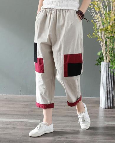 Spring Summer New Arts Style Women Elastic Waist Ankle Length Loose Pants Patchwork Design Cotton Linen Vintage Harem Pa