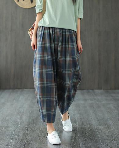 New Summer Arts Style Women Elastic Waist Loose Plaid Pants All Matched Casual Cotton Linen Ankle Length Harem Pants M20