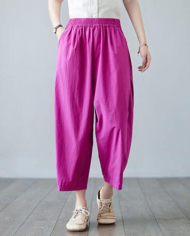  Spring Summer New Arts Style Women Elastic Waist Loose Ankle Length Pants All Matched Casual Cotton Linen Harem Pants V