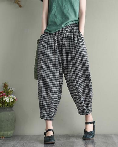  Summer New Arts Style Women Elastic Waist Loose Casual Anklelength Pants Cotton Linen Vintage Plaid Harem Pants S938  P
