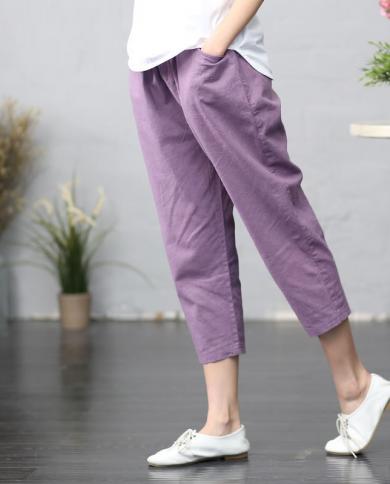 Nouvelle Arrivée Dété Arts Style Femmes Taille Élastique Lâche Calflength Pantalon Femme Casual Violet Harem Pantalon Plus La T