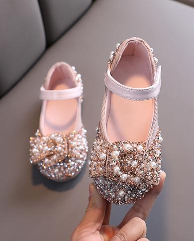 Little Baby Girl Pink Rhinestone Princess Party Shoes Children Pearl Bow Dancing Flats Toddler Girls Shining Performance
