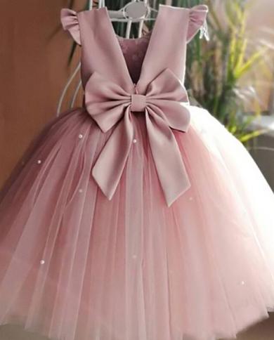 Elegant Wedding Party Princess Dress For Flower Girls Bow Backless Tulle Tutu Cloth For Children Kid Fancy Evening Pearl