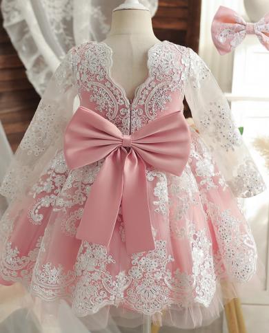 Cute Baby Girl 1 Year Birthday Party Dress Infant Embroidery Floral Full Sleeve Lace Costume Newborn Girl Sequin Bowknot