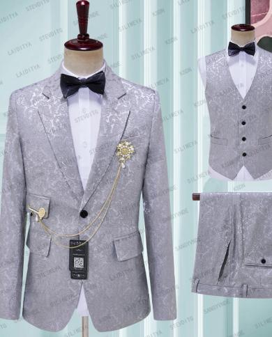 2023 New Arrival Men Suits Gray Wedding Tuxedo For Groom Satin Lapel Groomsmen Wedding Best Man  Jacketpantsvest 