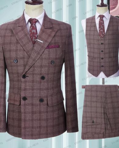 Mens Wedding Plaid Burgundy Blazers Jacket Pants Vest 3 Pcs Set 2023 Slim Fit Business Tuxedo Dress Classic Formal Suit