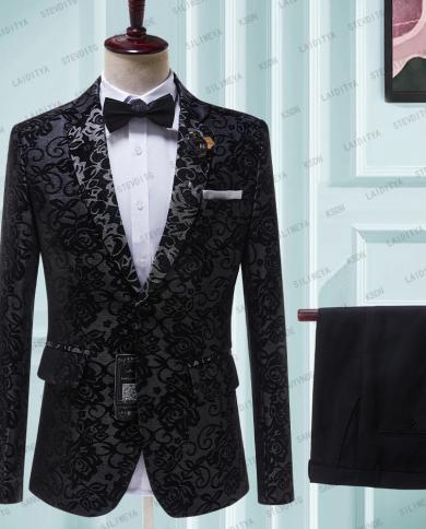 2023 New Black Floral Wedding Tuxedo For Groom 2 Pieces jacketpants Slim Fit Men Suits Custom Male Fashion Costume
