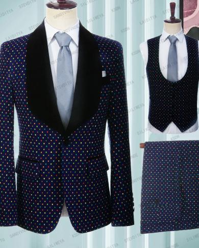 2023 New Teal Polka Dots Men Suit Slim Fit Wedding Wear Business Men Navy Bluesuit Elegant Costume Mariage Homme 3 Piece