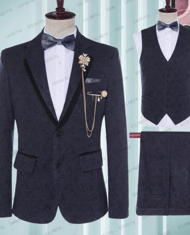 Floral Suit Mens Business Casual Formal Workwear Gentleman Party Prom Slim Tuxedo Groom Wedding Dress jacket  Vest  