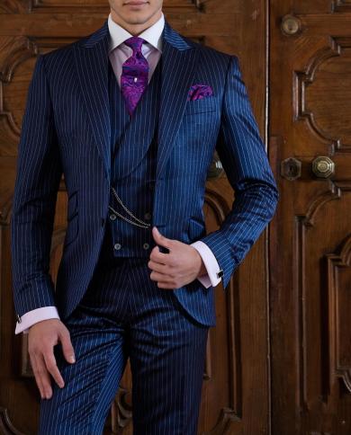 2023  Royal Blue Stripe Fashion Men Suits Wedding Party Blazer Sets Groomsmen Wear Casual Custom Made Tuxedo 3piece Jack