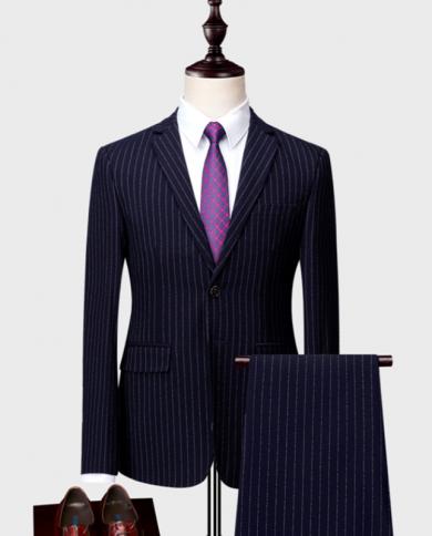 Mens Spring And Autumn New Striped Business Casual Slim Fit 2 Piece Suit Large Size M 6xl Rear Slit Everyday Suit