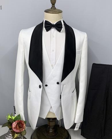 3 Pcs Suits Set Blazers Jacket Pants Vest  2022 Mens Business Lattice Big Lapel Groom Wedding Host Polka Dot Formal Dr