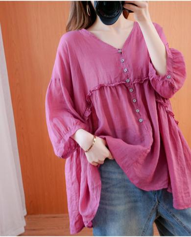  Spring Summer Arts Style Women Loose Vneck Shirts Allmatched Casual Half Sleeve Cotton Linen Vintage Blouses Tops M09  
